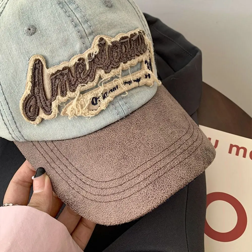 Fashion Splicing American Retro Baseball Caps Cotton Baseball Hat Tattered Jeans Sun Hat Denim Sunscreen Peaked Cap Girl