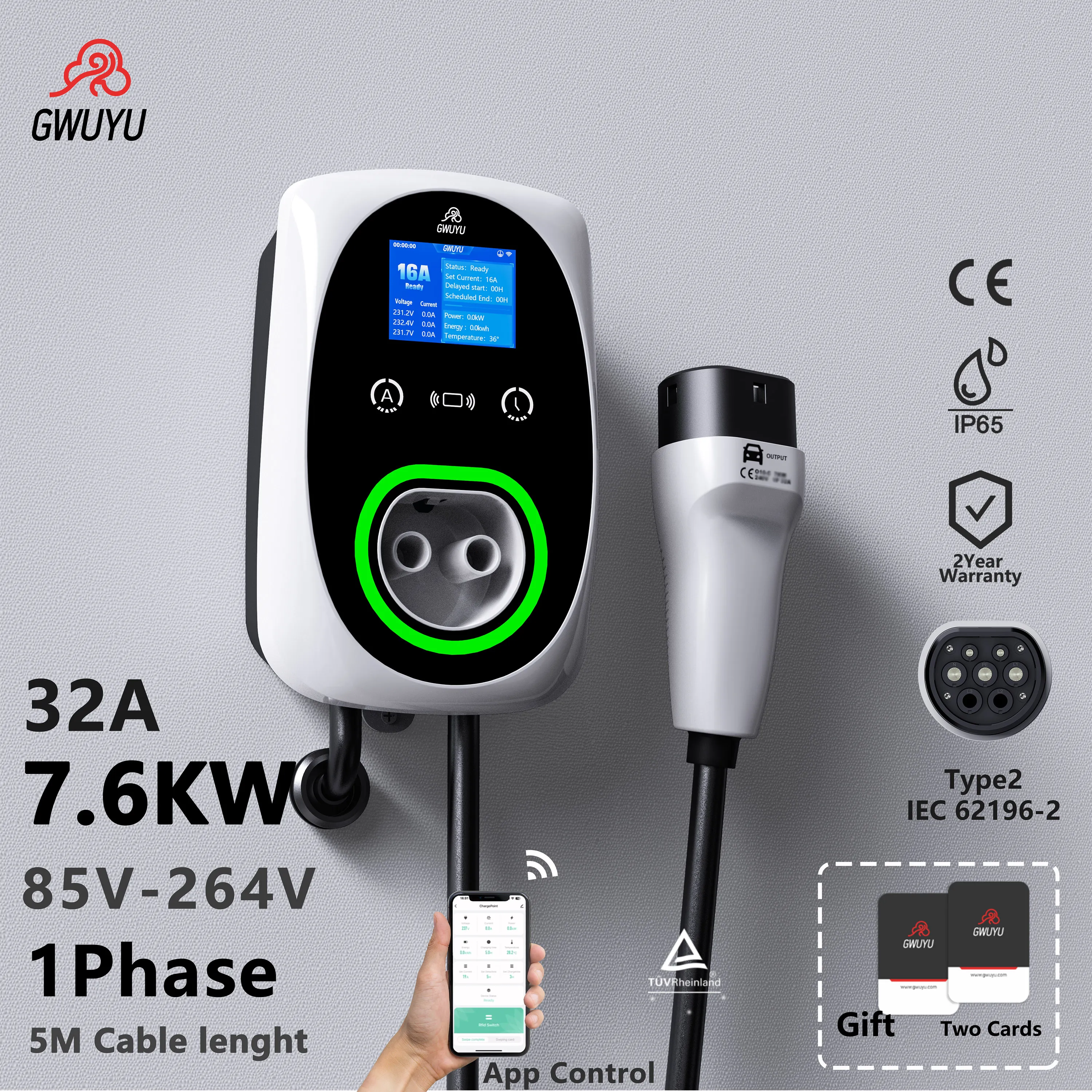 GWUYU  32A 7.6KW Type 2 EV Charging Station 1-Phase Current Adjustable Wallbox Chargers WIFI APP Charger Professional Design