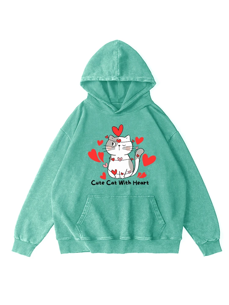 Cute Cat With Heart Printed Female Distressed Washed Hoodies Oversize Loose Round Neck Hoody Autumn Warm Cotton Clothing Women