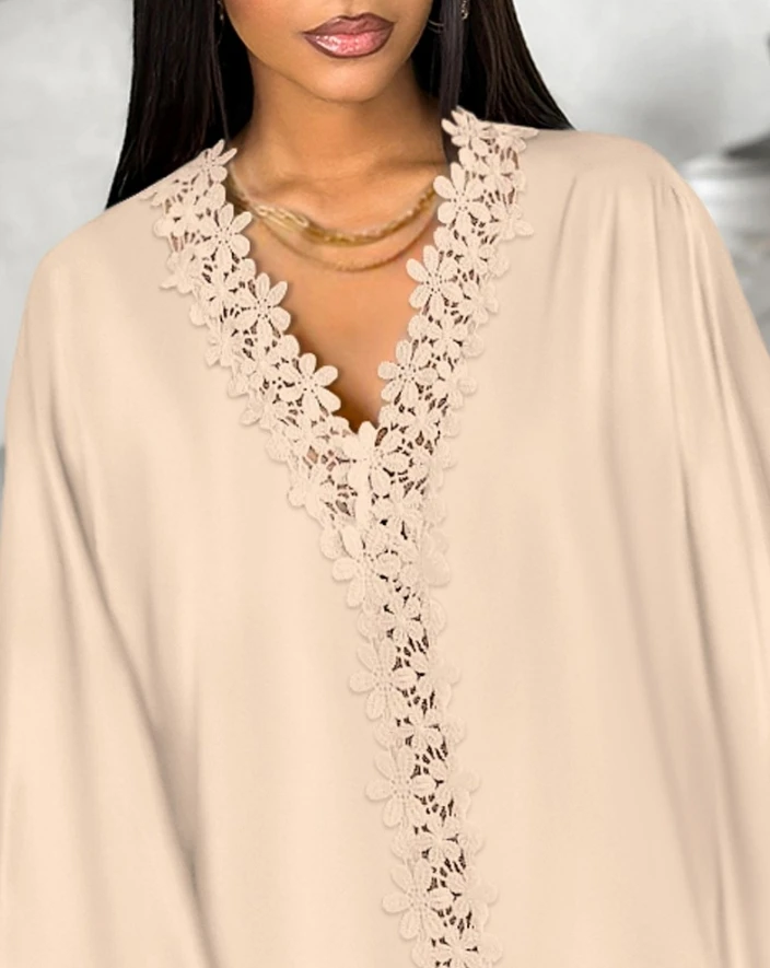 Fashion Woman Blouse 2024 Spring Guipure Lace V-Neck Batwing Sleeve Casual V-Neck Plain Long Sleeve Daily Top Y2K Clothes