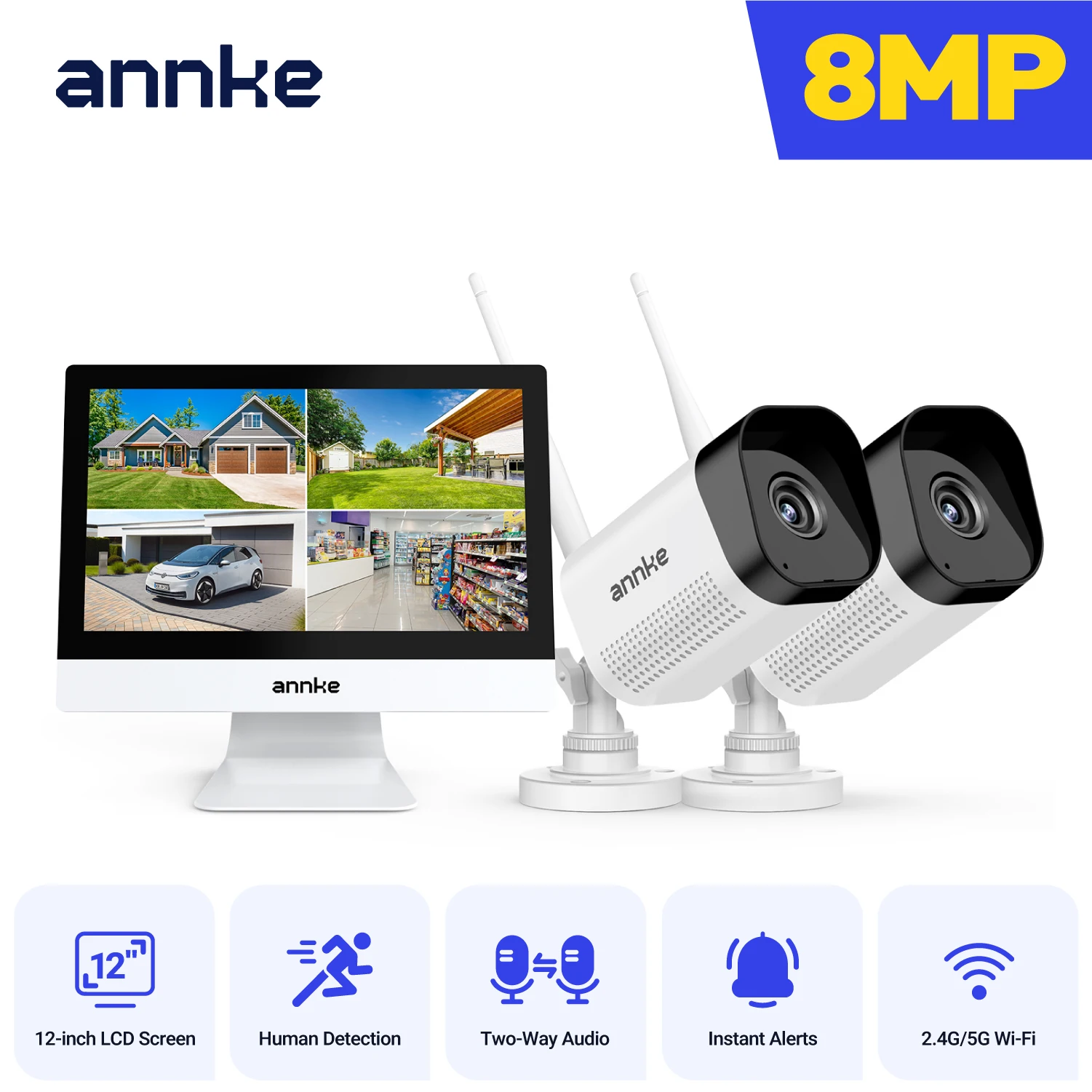 Annke 8MP wifi beveiligingscamera 12 in LCD 2.4G 5.8G 4k draadloos camerasysteem Tweerichtingsstem IR nachtzicht Outdoor wifi camera
