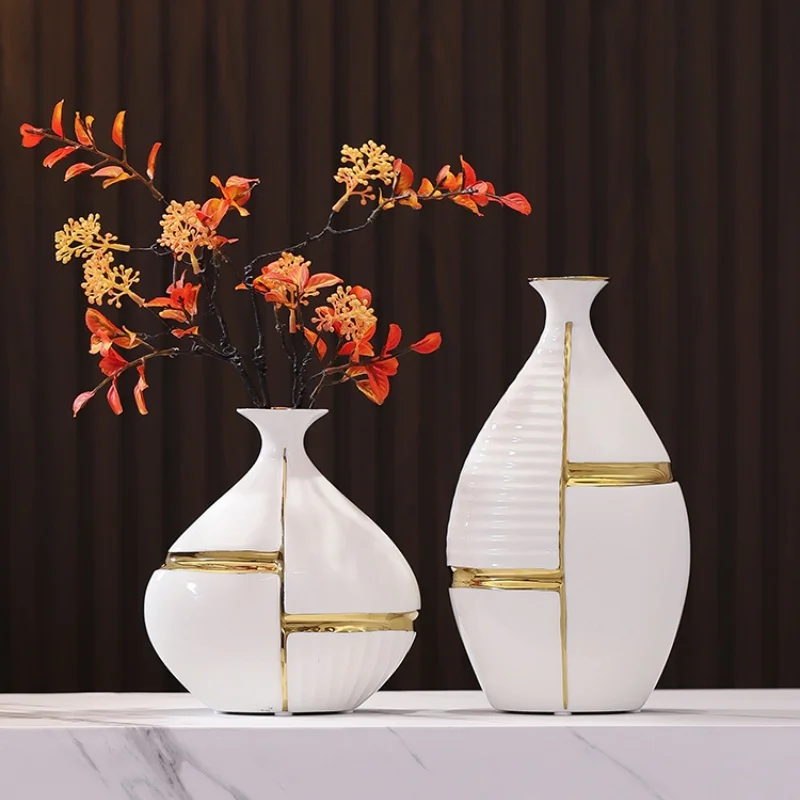 

Ceramic Vase White Stripes Gold Flower Arrangement Accessories Crafts Ornaments Home Decoration