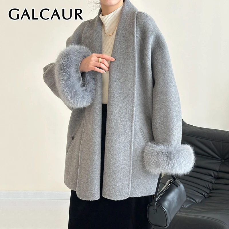 

GALCAUR Solid Spliced Lace Up Cardigan For Women V Neck Spliced Fur Batwing Sleeves Minimalism Luxury Wool Coats Female Clothes