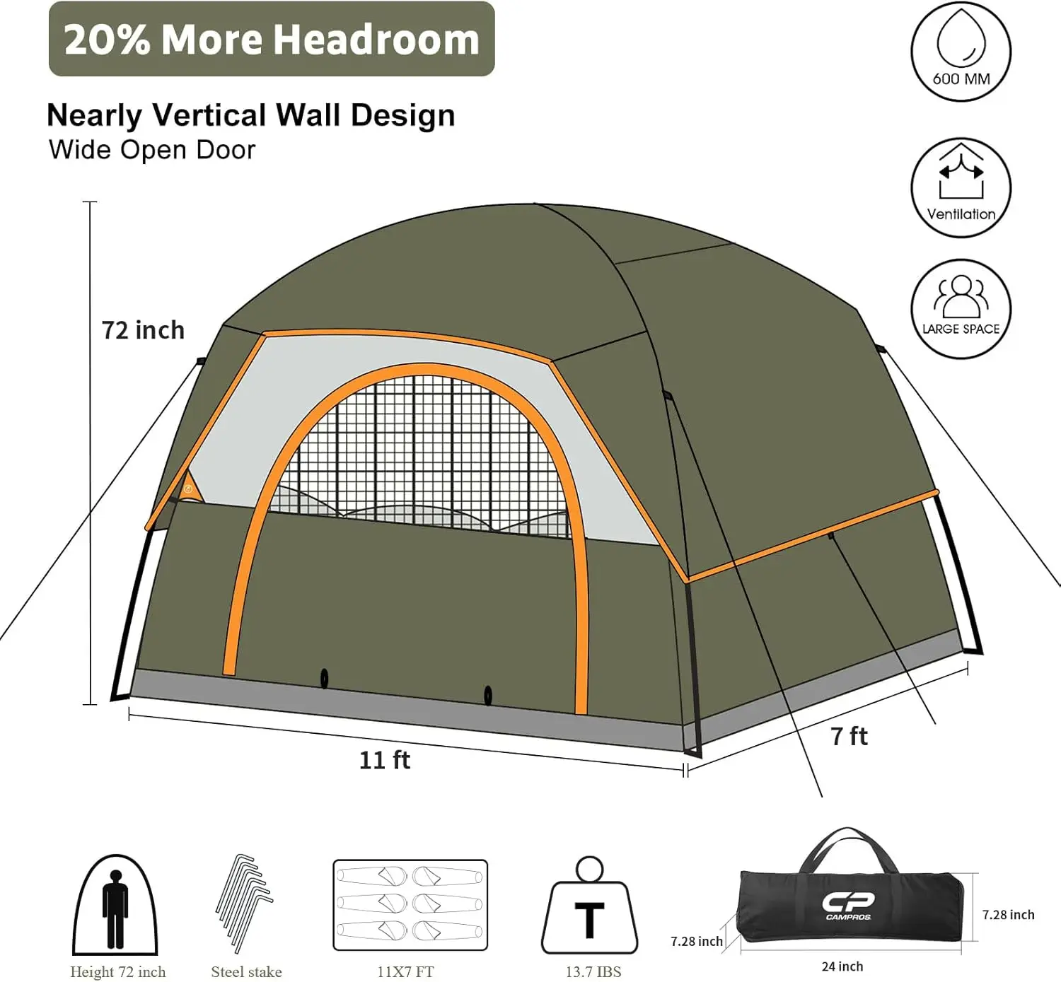 Tent 3/4/6/8 Person Camping Tents, Waterproof Windproof Family Dome Tent, Large Mesh Windows, Wider Door