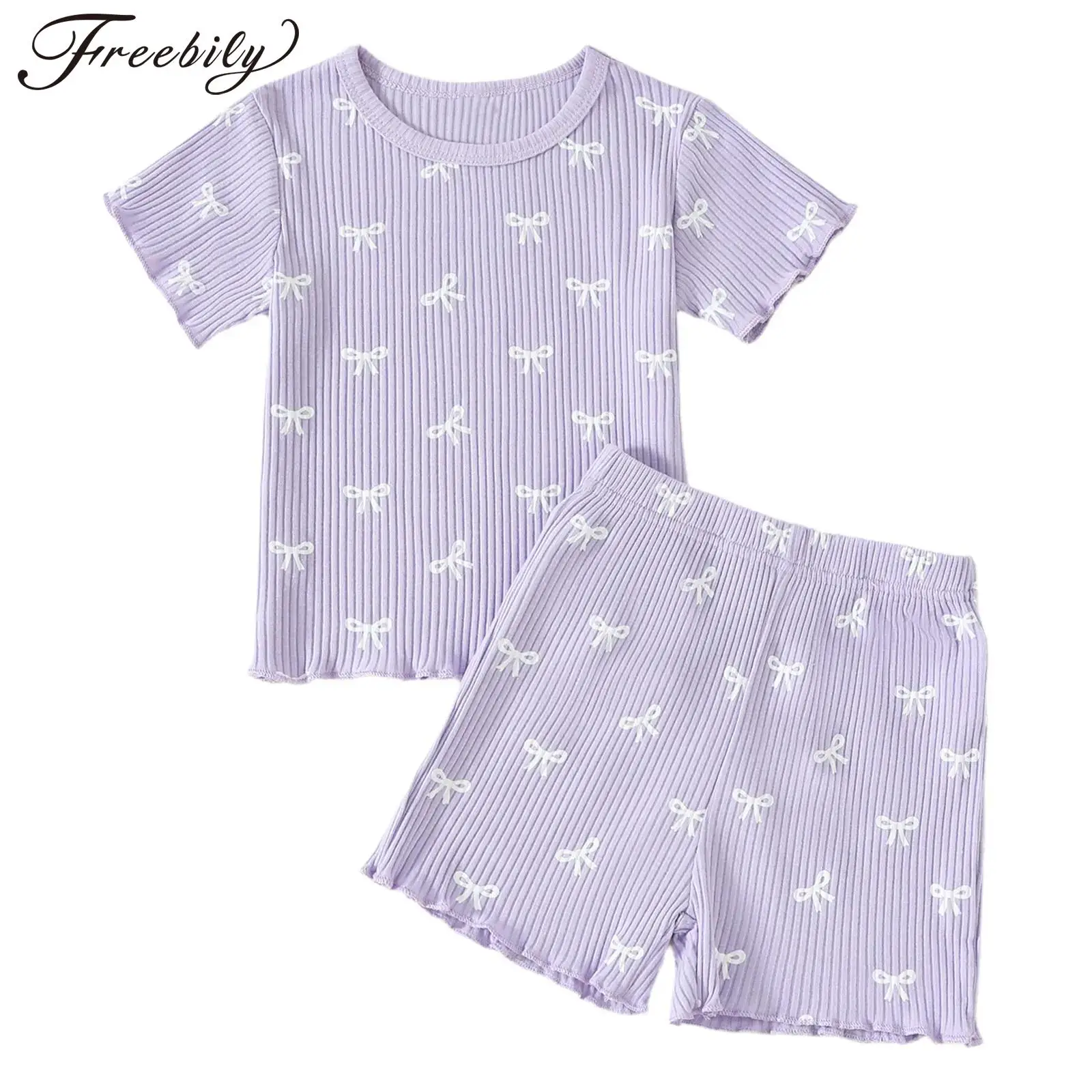 

Милая одежда в рубчик с бантом для маленьких девочек, летняя футболка с короткими рукавами, топы и шорты, домашняя одежда, одежда для дома, повседневная одежда