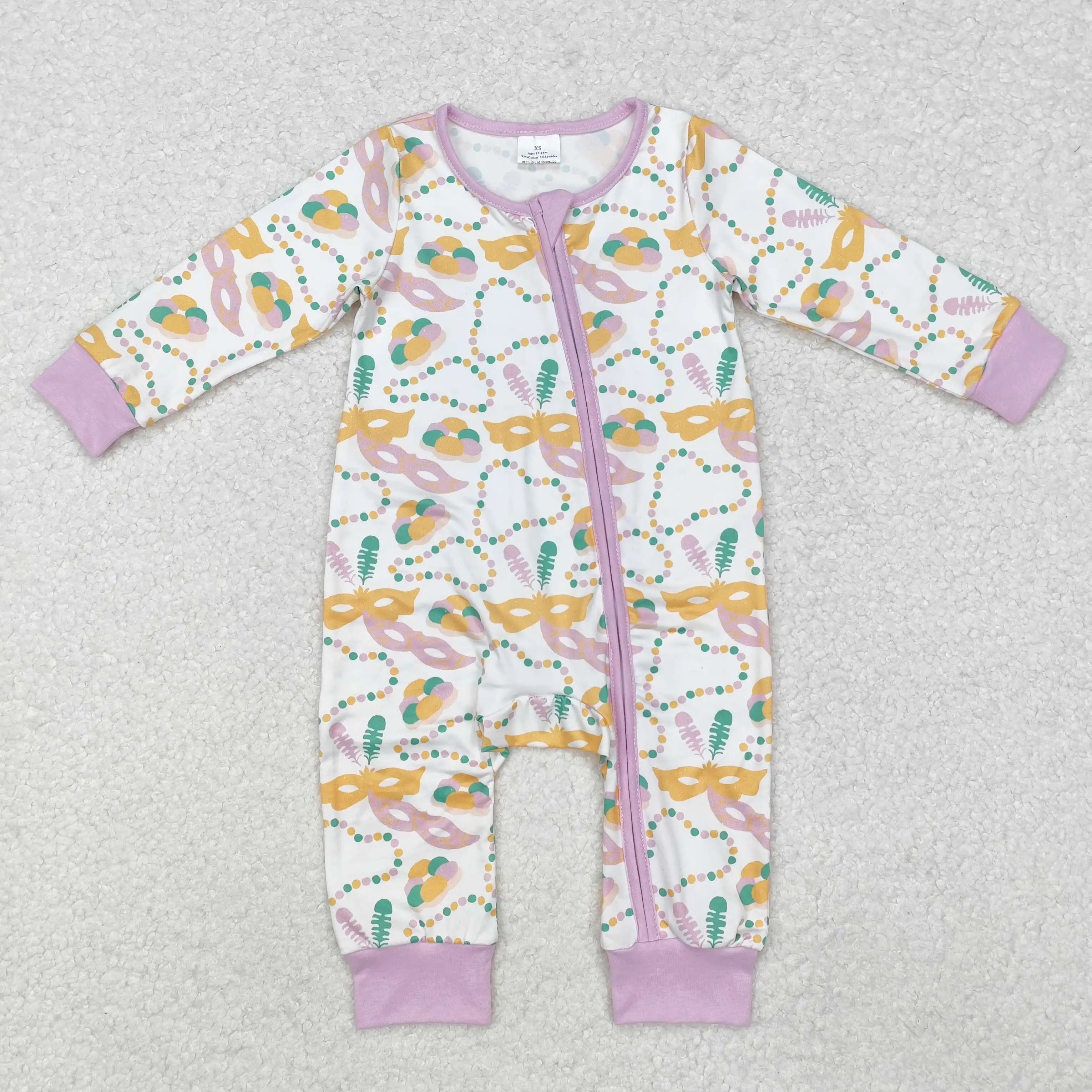 Wholesale hot sale western boutique onesies newborn toddler Baby Infant Girls Mardi Gras Masks Lavender Zip Rompers