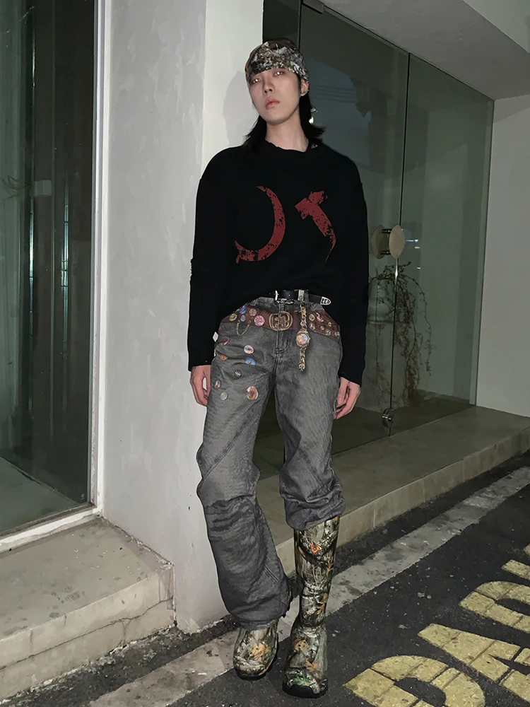 REDDACHiC Easter Eggs Printing Baggy Jeans Unisex Retro Black Distressed High Waist Straight Wide Pants Harajuku Men Streetwear