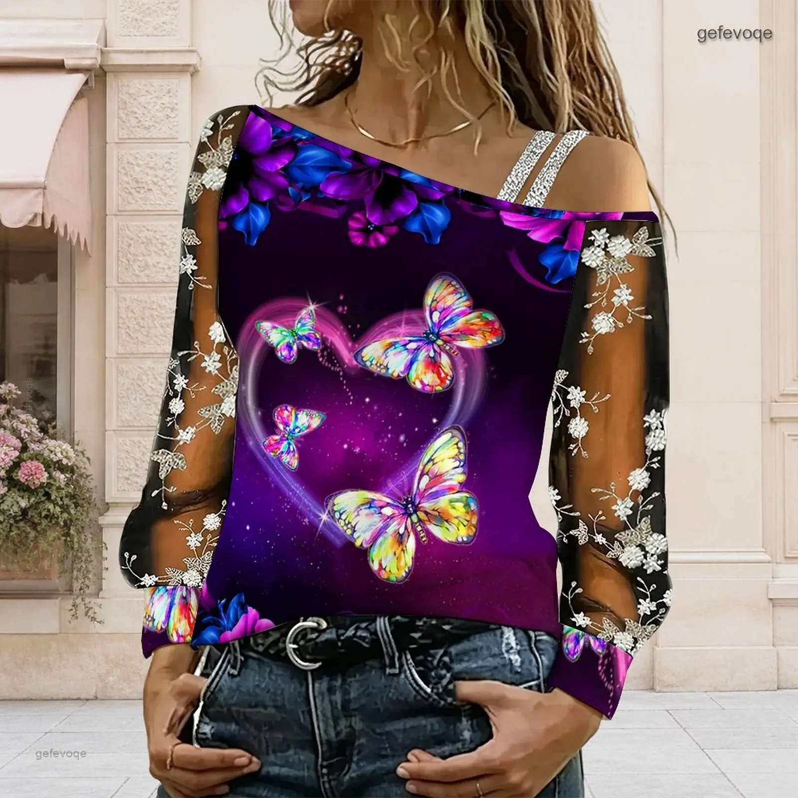 Women Off Shoulder Blouse Asymmetric One Shoulder Top Lace Floral Mesh Long Sleeve Sling Detail Loose Casual T Shirt