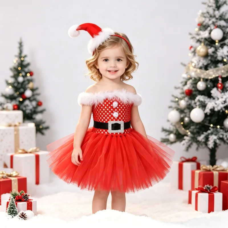 Toddler Christmas Tulle Tutu Dress Set, Red Fluffy Tulle Skirt with Headband, Kids Christmas Stage Party Performance Costume