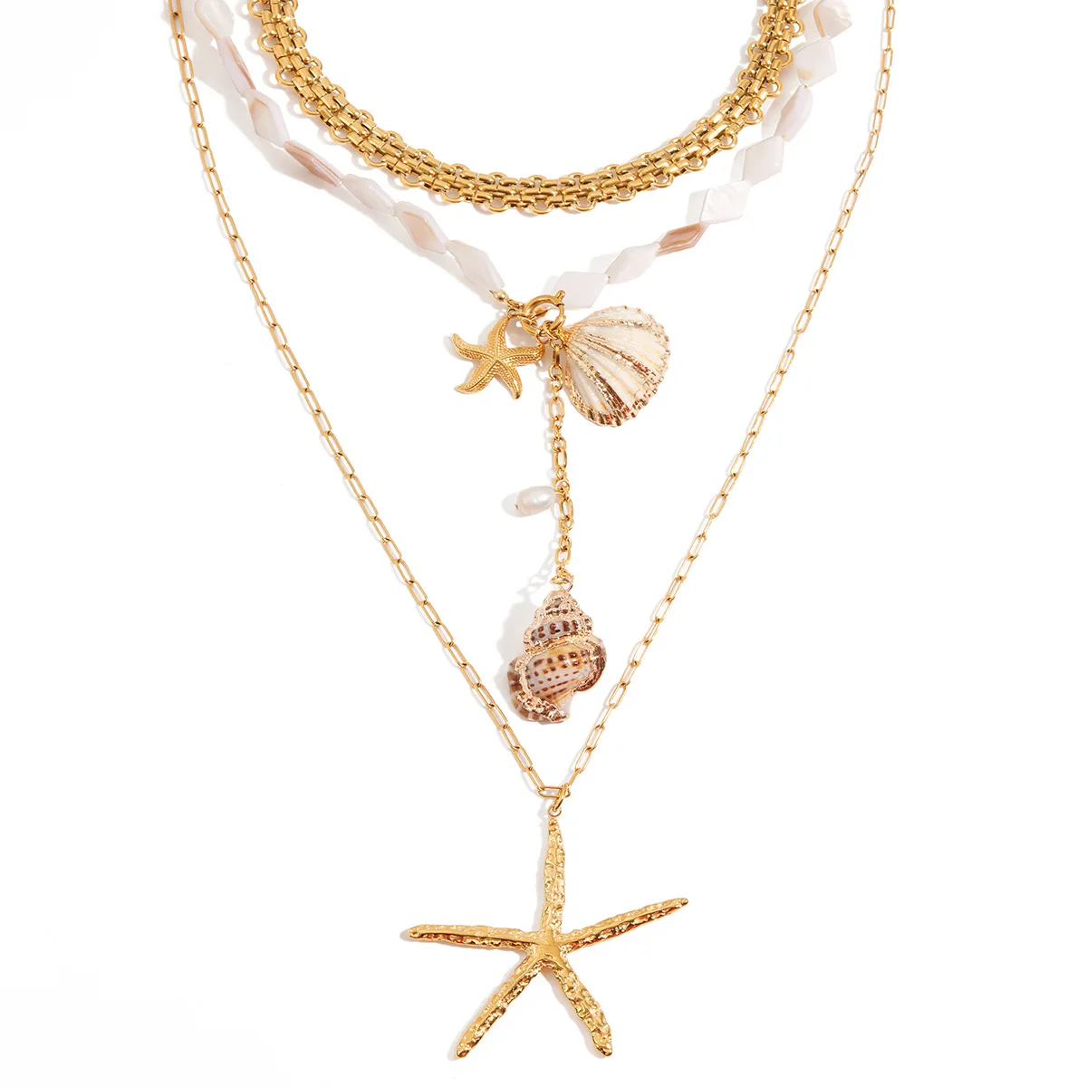 

Bohemian Multi-layer Ocean Necklace Gold stainless & Shell Pendant with Starfish Charms Pearls for Vatation Beach Party