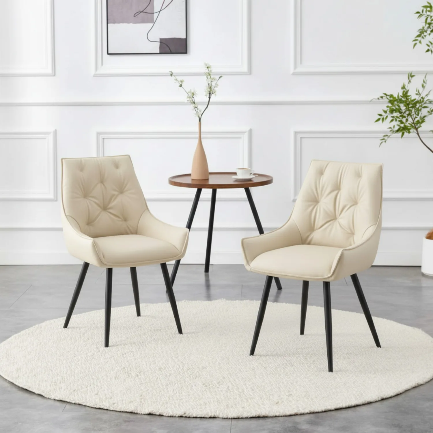 Dining Chairs Set of 2, Off White Faux Leather Dining Room Chair, Metal Kitchen Chairs Gold Mesh Texture and Black Sanded Legs