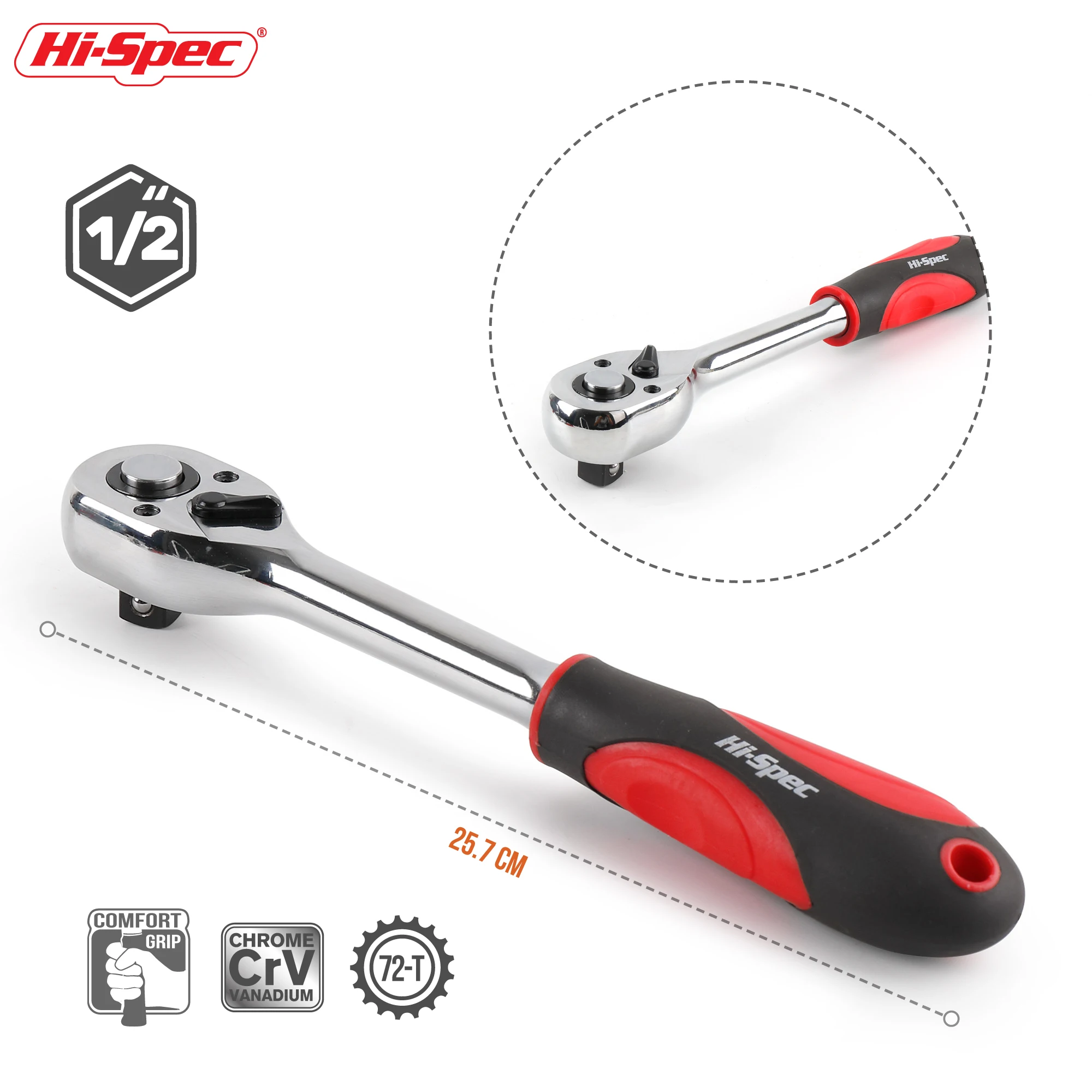 Imagem -05 - Hi-spec-chave de Catraca de Borracha Isolante Chave de Soquete Vermelha Chave de Torque de Aço 72t Hi-spec