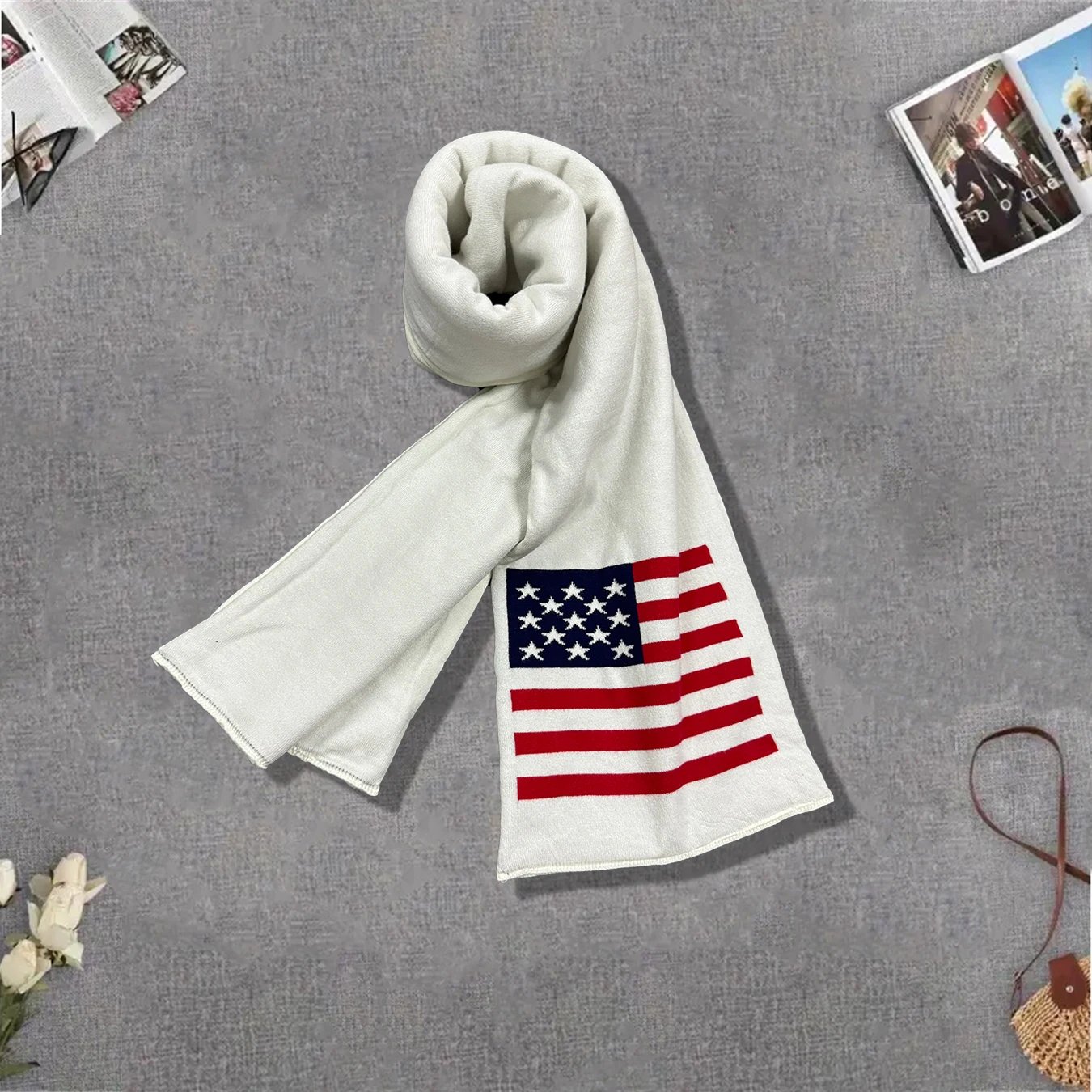 

New National Flag Winter Outdoor Warm Scarf y2k Retro Long Scarf Party Sports Patriotic National Flag Knitted White Scarf Wholes