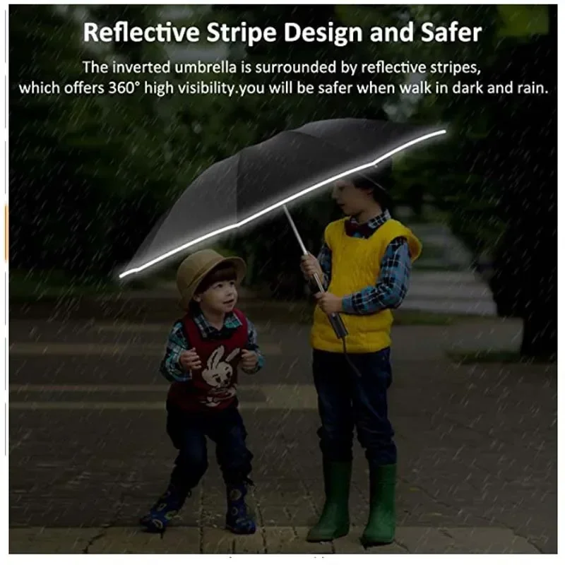 Regenschirm für Herren und Damen, vollautomatischer, umgekehrter Faltschirm mit winddichten, reflektierenden Streifen-UV-Regenschirmen – Detail 8