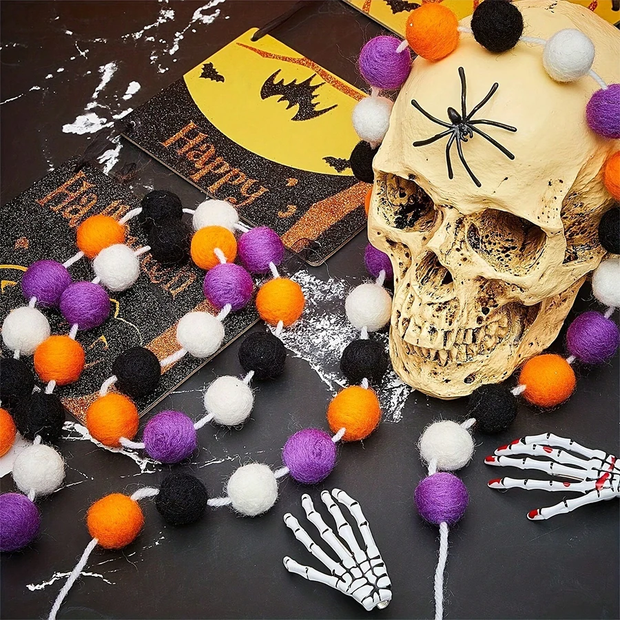 Halloween Felt Ball Garland Wool Felt Ball Garland Decoration Halloween Themed Hanging Garland Decoration for Family Gatherings