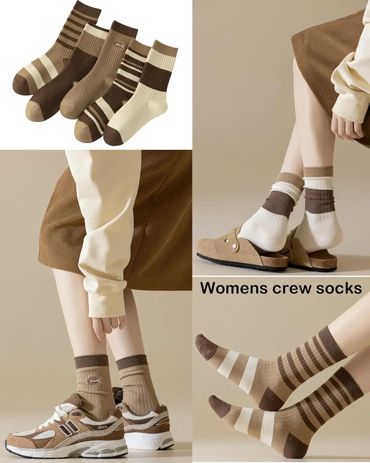 

Womens Cute Crew Socks Casual Athletic Aesthetic Striped Socks Neutral Cotton Socks Gifts for Women Girls Clothe Five pairss