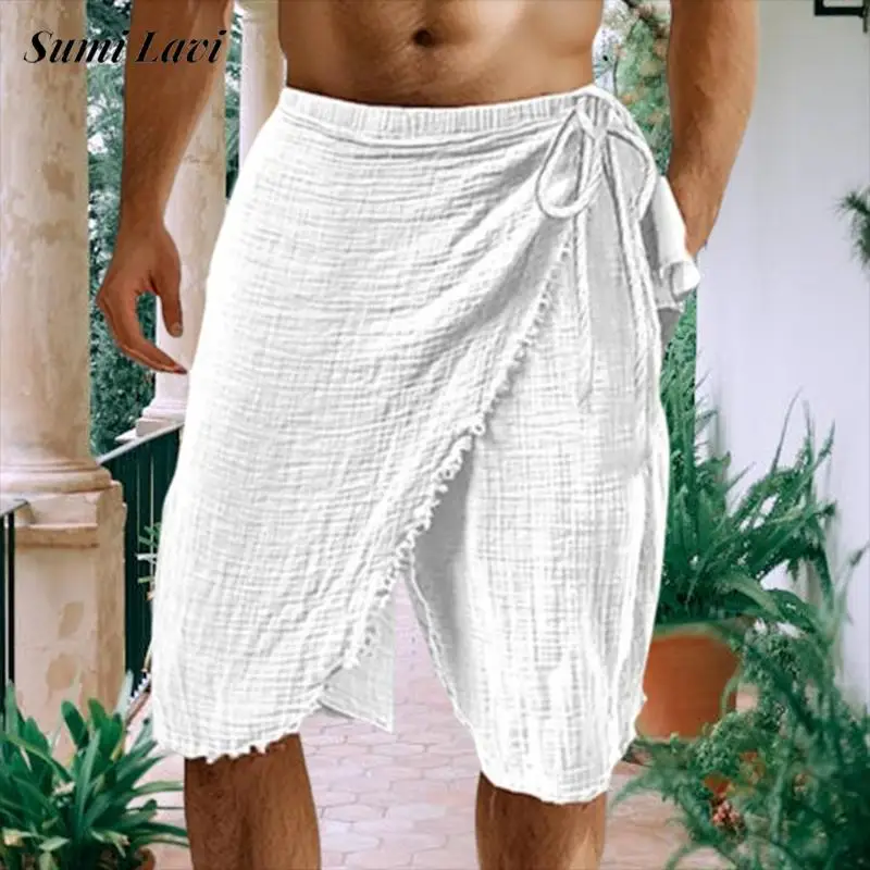 Summer New Casual Mens Irregular Lace-up Shorts Vintage Wrap Drawstring Linen Shorts For Men Leisure Breathable Loose Short Pant