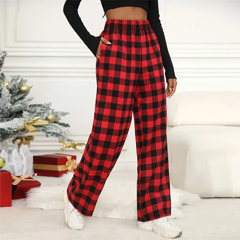 Women Christmas Pajama pants Autumn Winter Plaid Printed Pants Red Trousers Fashion Casual Wide Leg Pants Clothing Streetwear