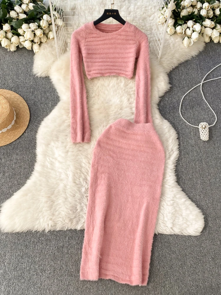 Autumn Fashion Furry Sweater Suits Women O Neck Long Sleeves Crop Top+High Elastic Split Skirt Hotsweet Warm Casual 2PC Sets New