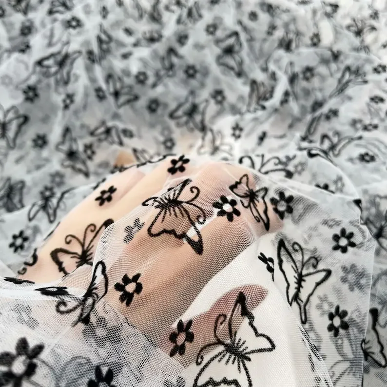 3 colores mariposa flor flocado tela de encaje mariposa flor bordado tela de tul para niña vestido tutú boda