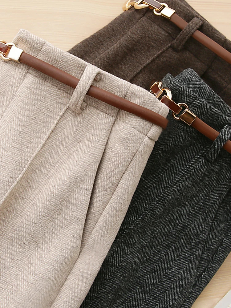 Thiened ウールストレートレッグパンツ レディース 秋冬 暖かい カジュアルパンツ 快適な着用 通勤 スリーワイドウエスト