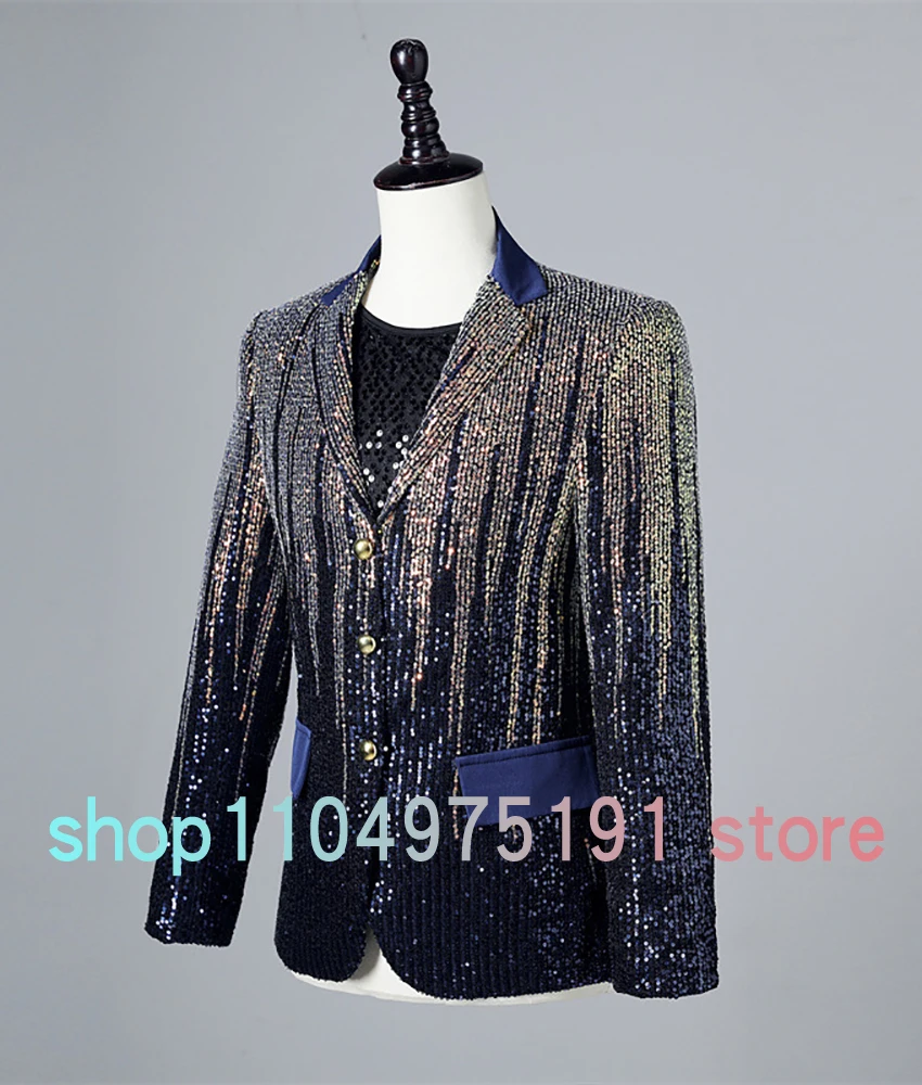 Luxury Gradient blue sequin leisure men's suit jacket, Shining dance outfit High Quality Wedding Party Dress Celebrity Gowns