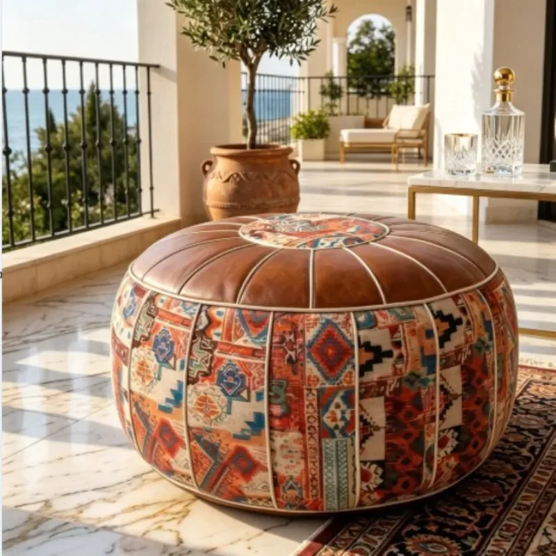 Nordic Retro Round Leather Ottoman Storage Footrest Lazy Sofa Stool for Living Room Home Furniture