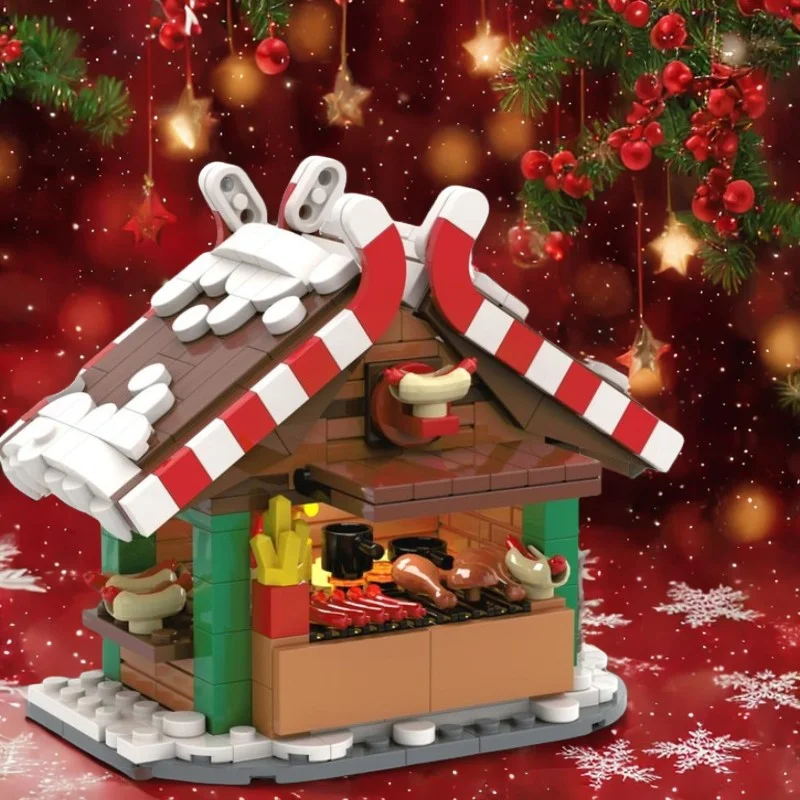 

375PCS MOC Winter Countryside Christmas Decorate Building Block Set Christmas Cabin Coffee Cart Hot Drinks series Kid Toy Gift