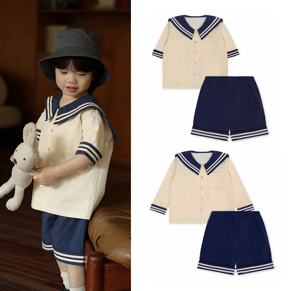 Baby Boy Girl Clothes Sets Sailor Collar Soft Cotton Fashion Baby Navy Uniform Baby Costume