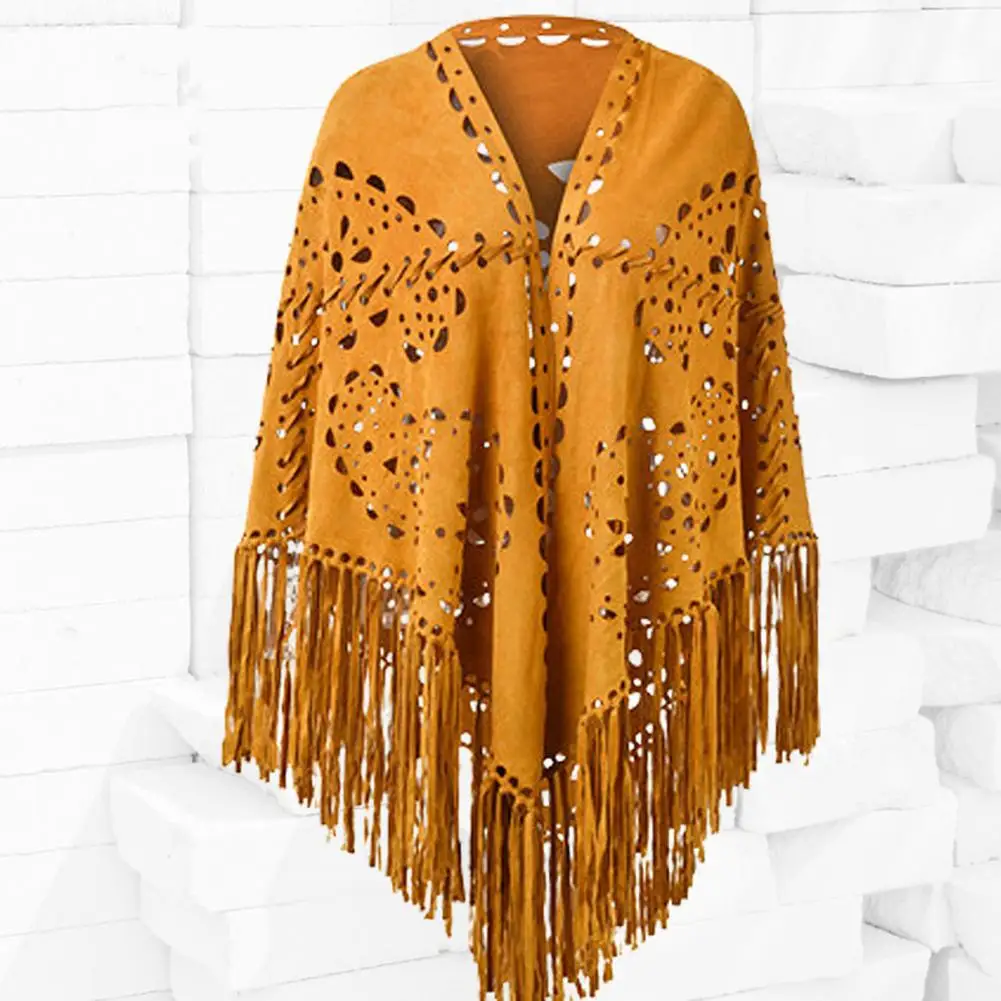 New In 2024 Solid Color Hollow Out Floral Suede Tassel Triangle Shawl Women Vintage Bohemian Beach Cardigan Boho Fringe Ponchos