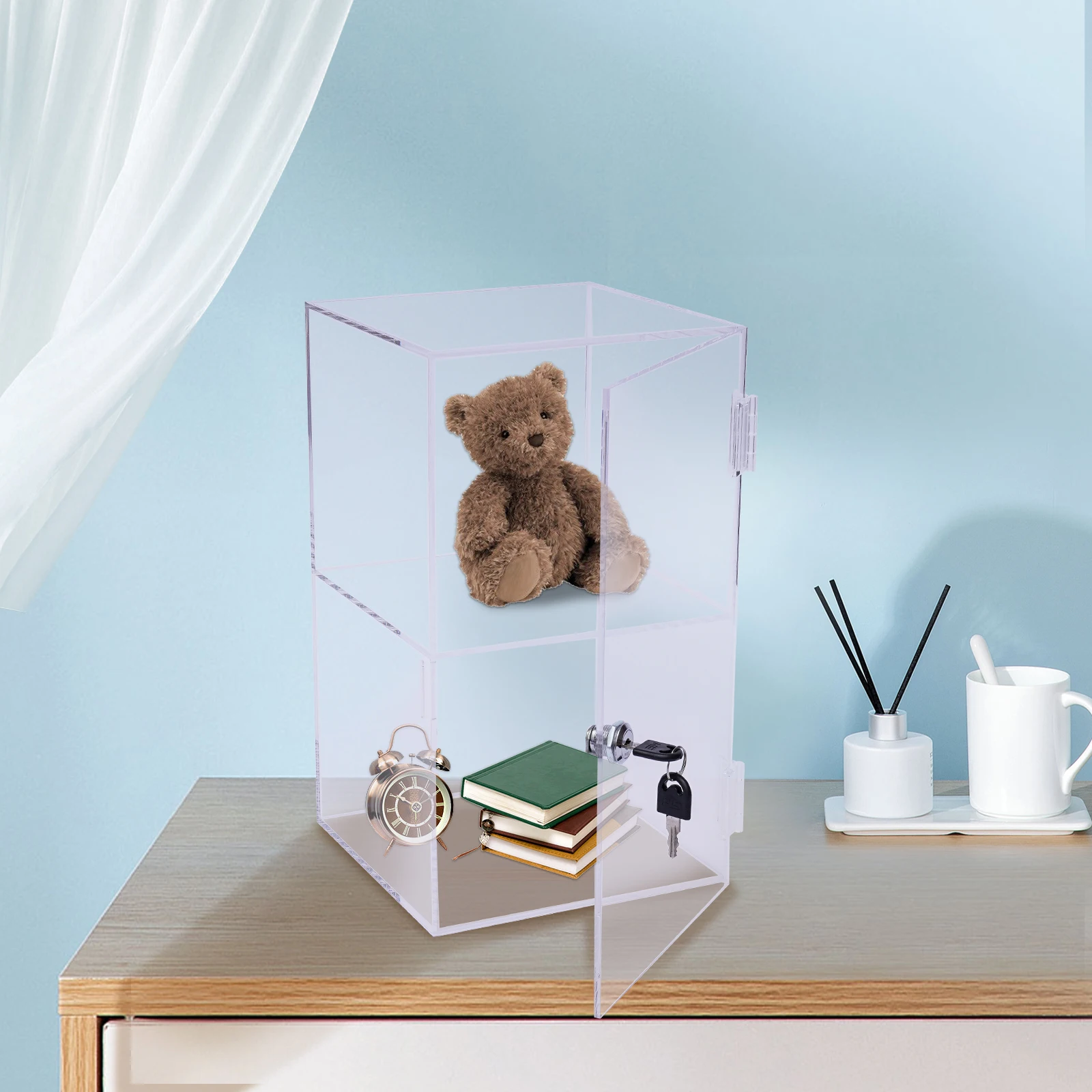 Transparent Acrylic 20x20x35cm Lock Display Case, Double-layer Dustproof Display Case, Acrylic Sample Display Case
