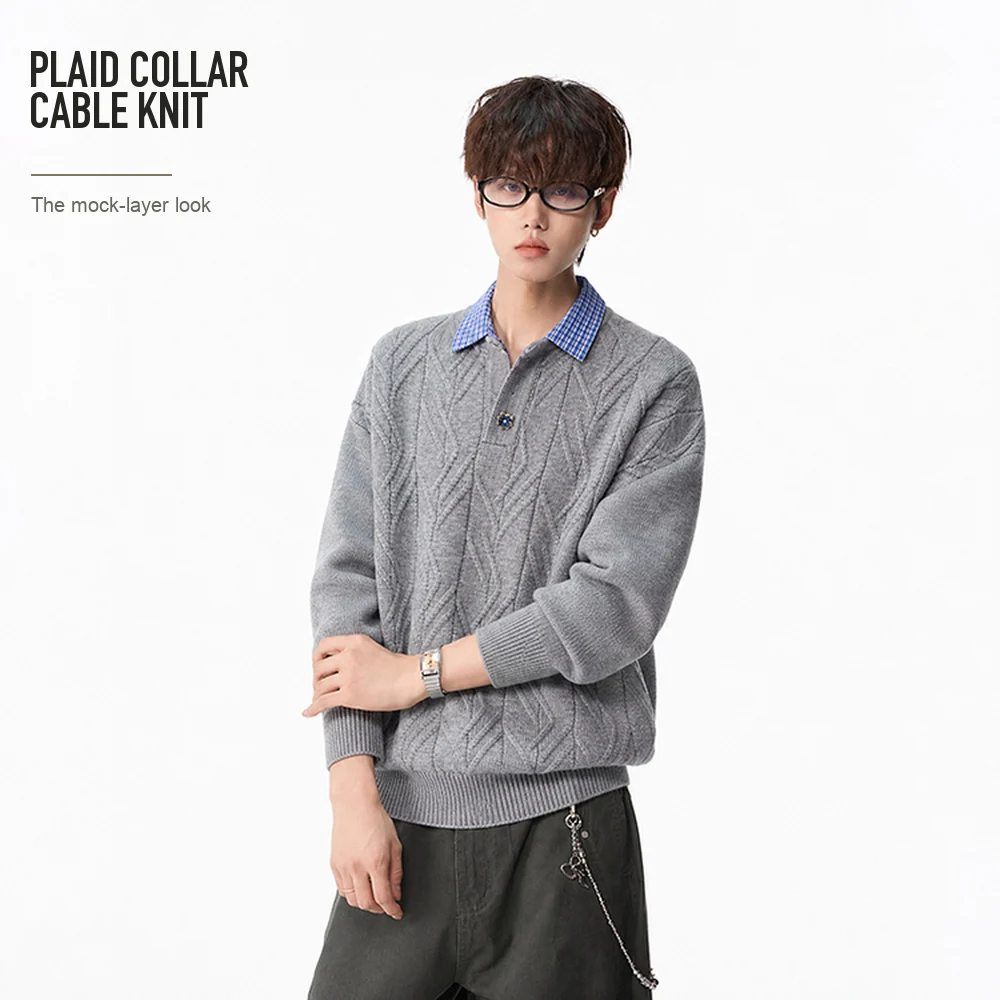 Men Long Sleeve Collared Mock Layer Cable Knit Sweater Casual Pullover Ribbed Cuffs Autumn Winter Grey Black Tops M to 4XL