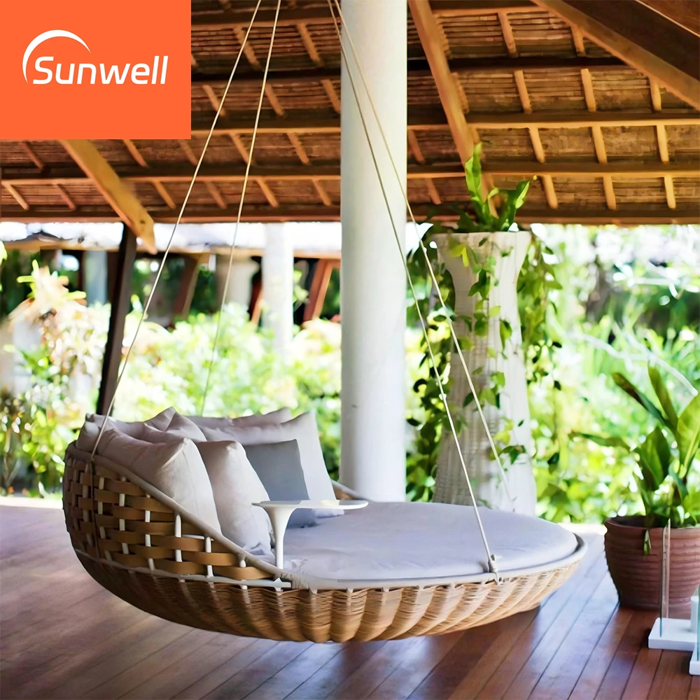 New Outdoor Rattan Daybed Swing Patio Leisure Hanging Rattan Wicker Swings Lounger Round Sunbed For Balcony