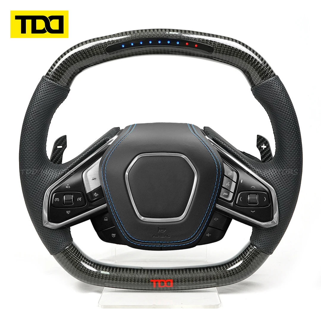 TDD Real Carbon Fiber Steering Wheel For Chevrolet C8 Corvette Z51 Z06 2020 2021 2022 2023 2024 Heated Leather Racing Wheel