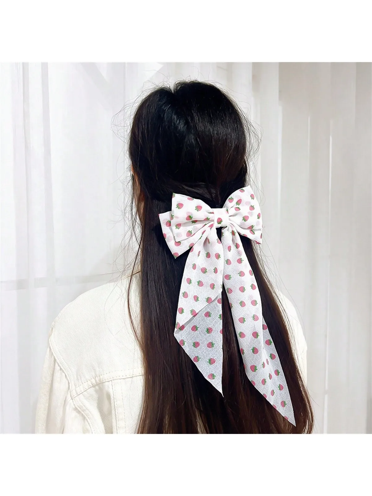 1 forcina per capelli da donna Girly Heart streamer Bow hairpin Strawberry polka Dot Princess back head Fairy long bow Hairpin headpiece