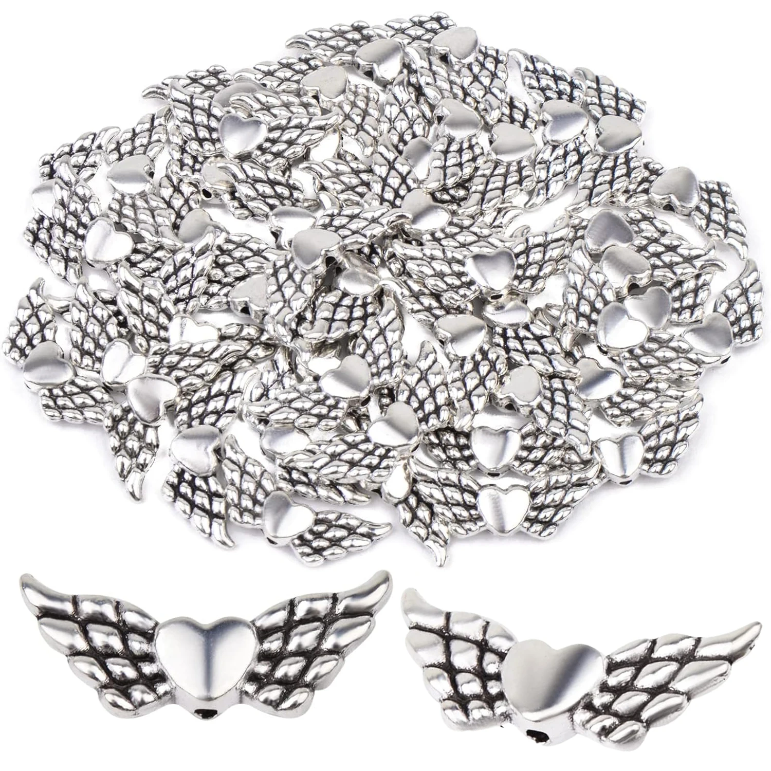 

50 штук винтажных серебряных бусин-разделителей в форме крыльев ангела, бусины-шармы в виде крыльев феи из сплава, винтажные свободные бусины для изготовления браслетов и украшений своими руками