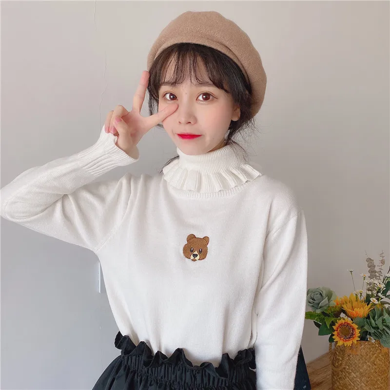 Harajuku wanita beruang lucu gadis Turtleneck Sweater Vintage leher tinggi Kawaii Ruffles rajutan Pullover wanita Slim Jumper