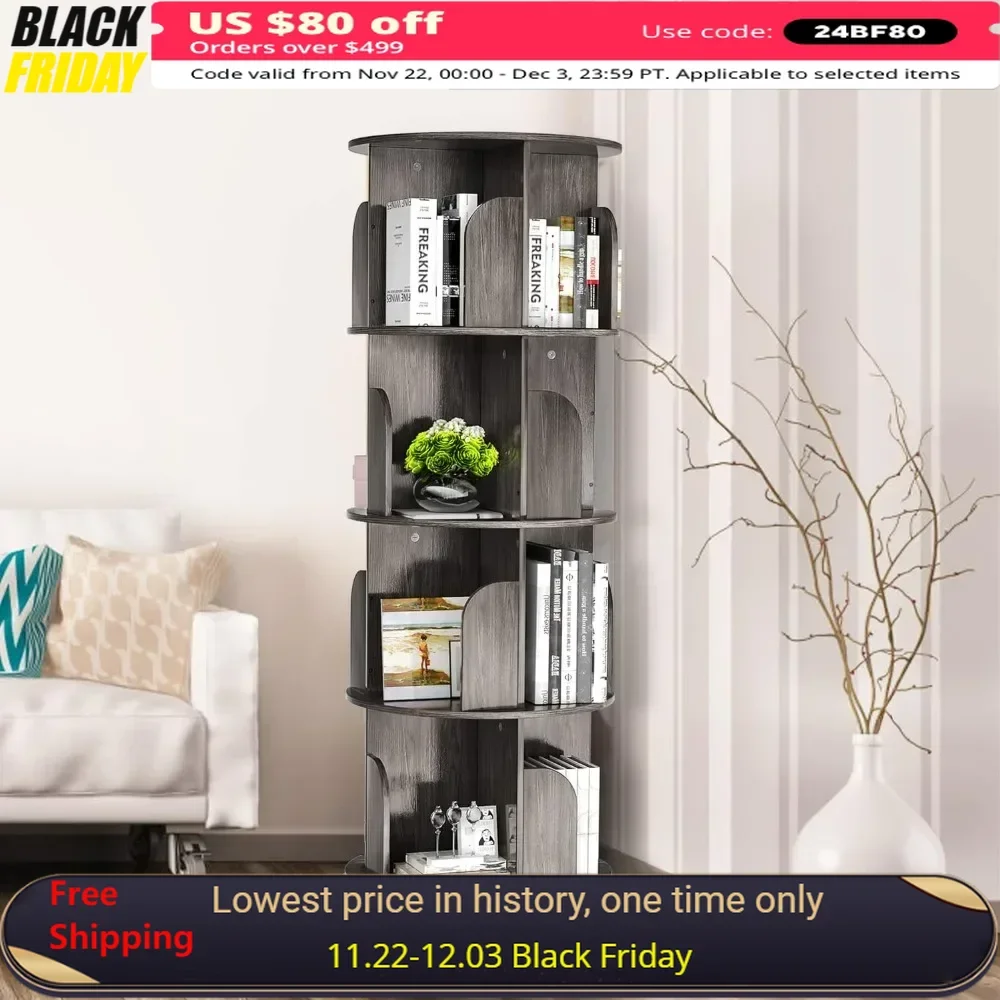 Rotating Bookshelf,Rotating Bookshelf Tower for Small Space,360Display 4Tier Floor Standing Storage Rack,Wood Narrow Book Shelf