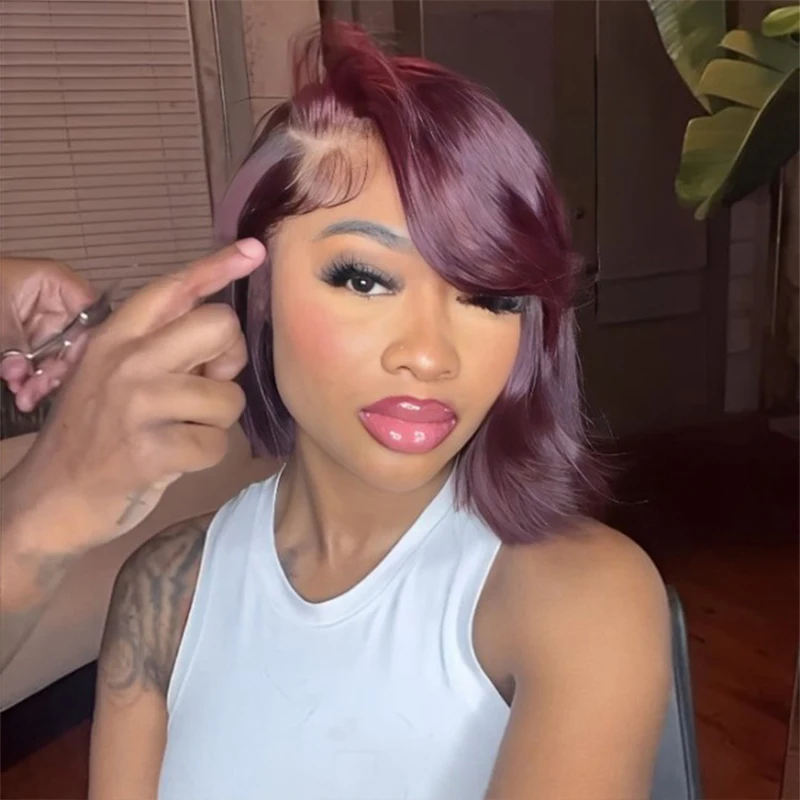 Peluca sin pegamento 99J Borgoña Bob peluca Frontal de encaje recto 100% cabello humano pelucas cortas brasileñas de Bob para mujeres parte delantera de encaje rojo vino