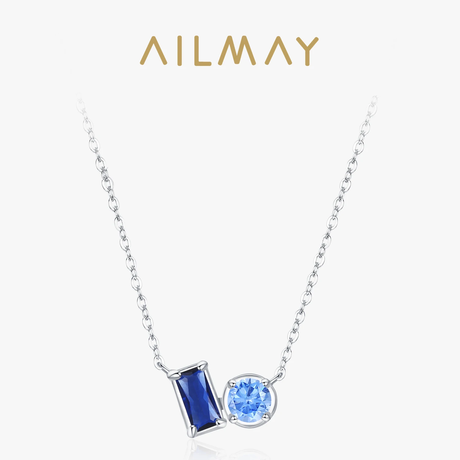 Ailmay Genuine 925 Sterling Silver Blue Zircon Necklace Women's Retro Fashion Geometric Simple Wedding Party Gift