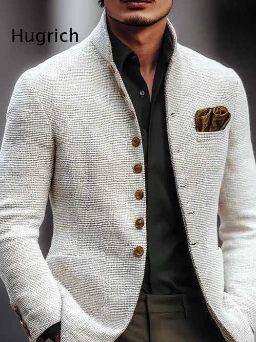 Men Mandarin Collar Textured Woven Blazer Button Front Long Sleeve Business Casual Jacket with Pockets