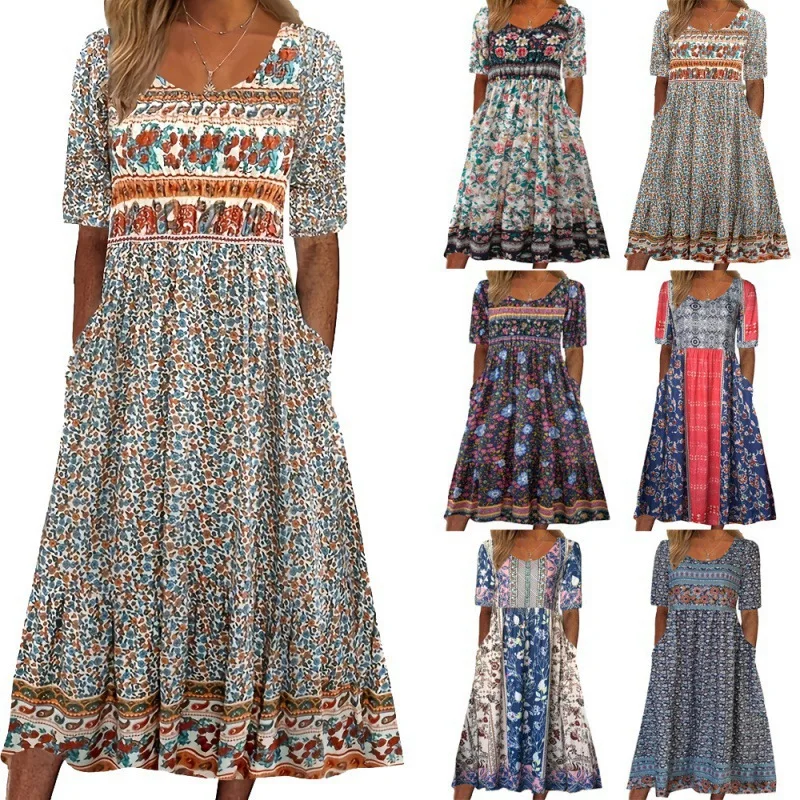 Damenkleider 2026 Sommer Neu Rundhals-Kurzarm-Maxikleid mit Bohemian-Print für Damenmode