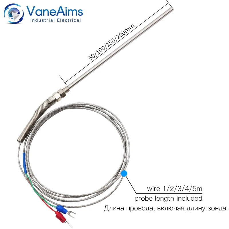 1m 2m 3m 4m 5m PT100 Temperature sensor Type K J M8 Thread 50mm 100mm 150mm 200mm Compression Spring Probe Thermocouple VaneAims