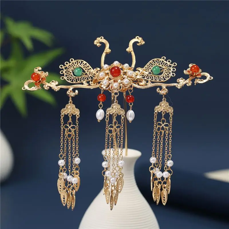 

Ancient Style Womens Metal Flower Hair stick With Three Tassels Chinese Hanfu Headwear