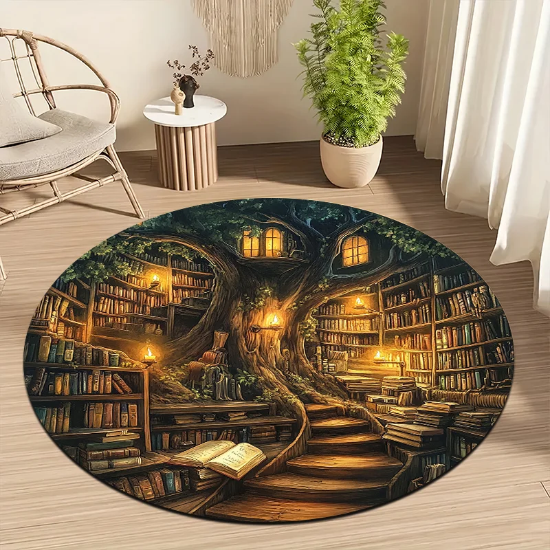Fantasy Treehouse Books Flannel-printed round floor mats are slip-resistant Suitable living room bedroom terrace garden carpets
