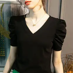 French Puff Sleeve Short-sleeved V-neck T-shirt for Women in Summer New Large-size Slim and Slim Temperament Black Top Trendy