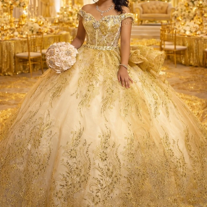 

Gold Shiny Ball Gown Quinceanera Dress 2026 Sequin Appliques Lace Beads Crysal Tull Off Shoulder Sweet 16 Years Vestidos 15 De