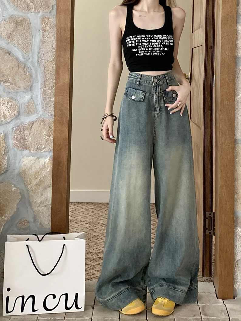 

Американские винтажные джинсы свободного кроя с широкими штанинами для женщин больших размеров, весна-осень, с высокой талией, прямые брюки для полных женщин