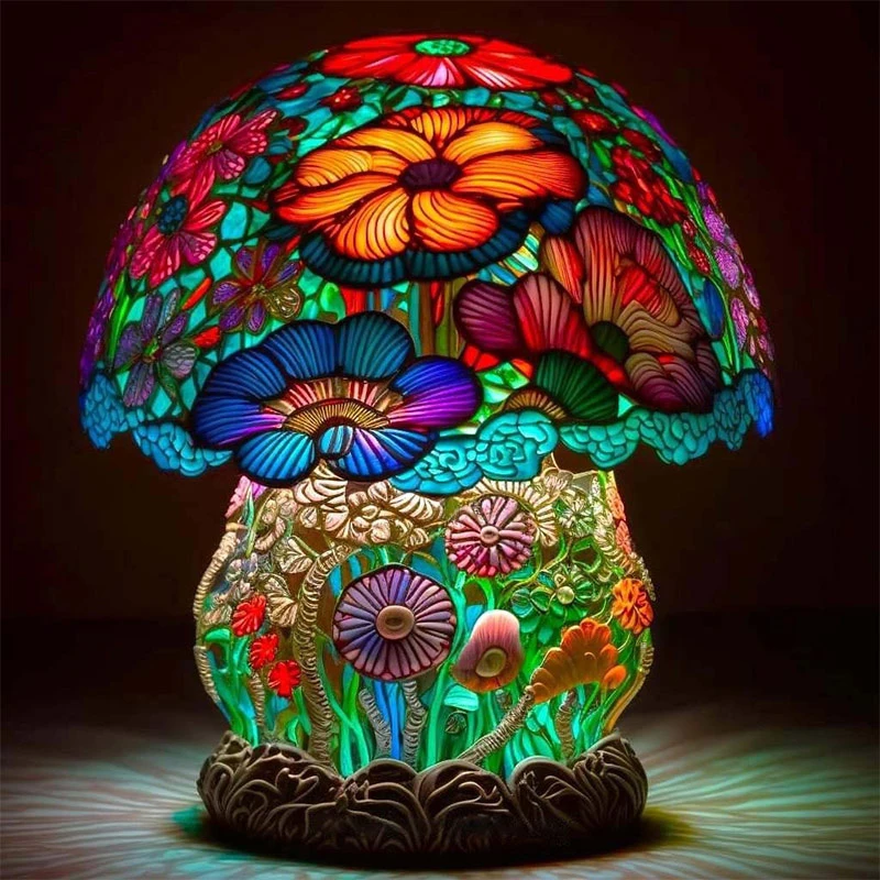 Retro Stained Glass Plant Series Table Lamps Colorful Flower Mushroom Creative Table Night Lamp Bedroom Bedside Atmosphere Light