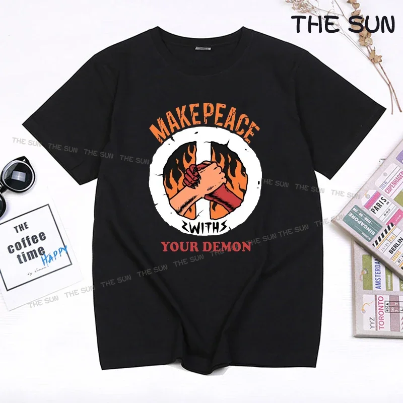 

Make Peace with Your Demon Printing Shirt Street Fashion Short Sleeve Clothing Streetwear Men's Hip Hop Cotton